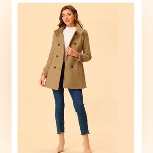 Allegra K Juniors Stand Collar Double Breasted Mid Length Winter Trenchcoat
